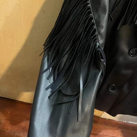 Mango Black Fringe Leather Jacket - Picture 3 of 7